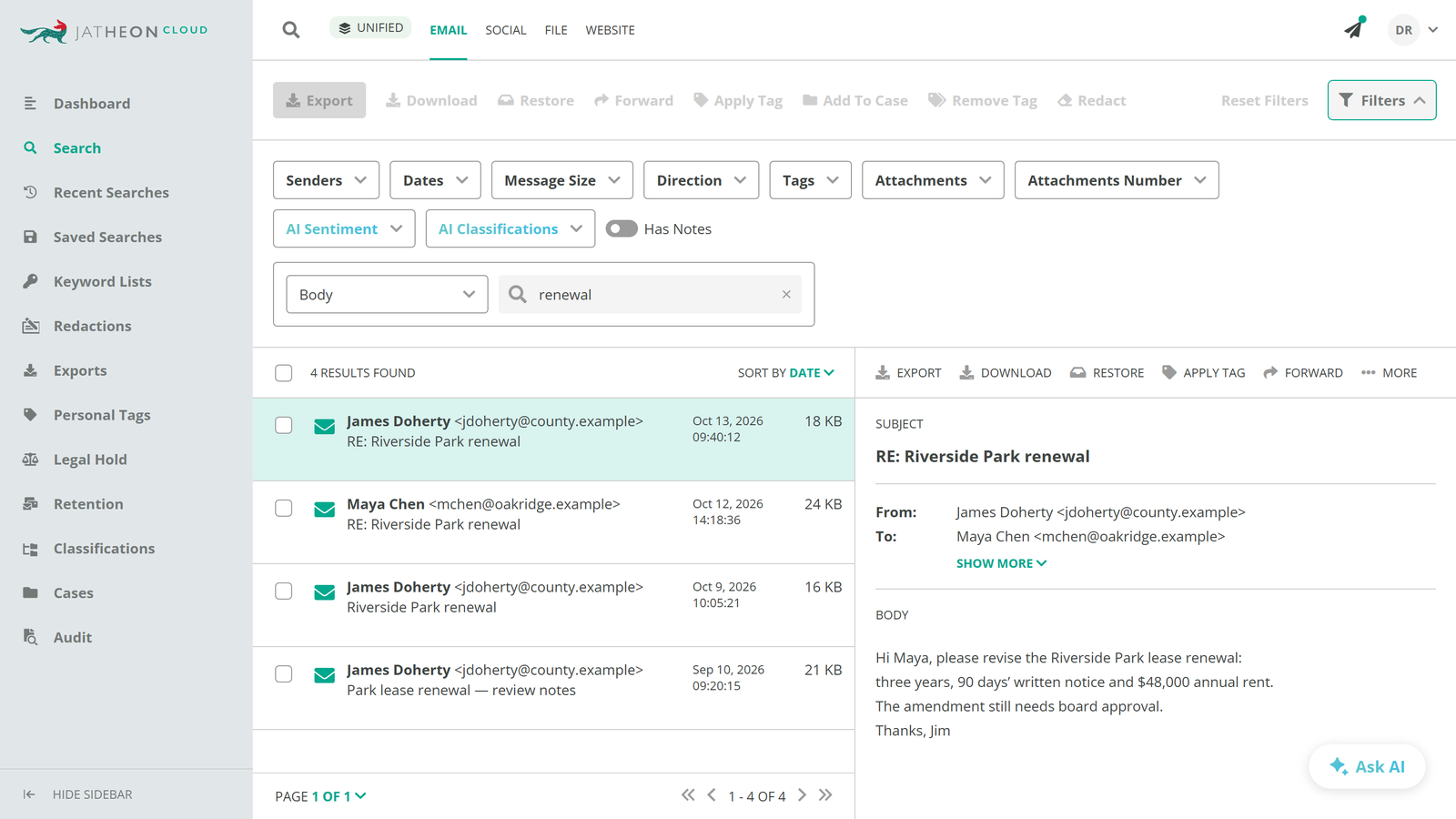Jatheon results page filters with a subsearch for renewal on the message body