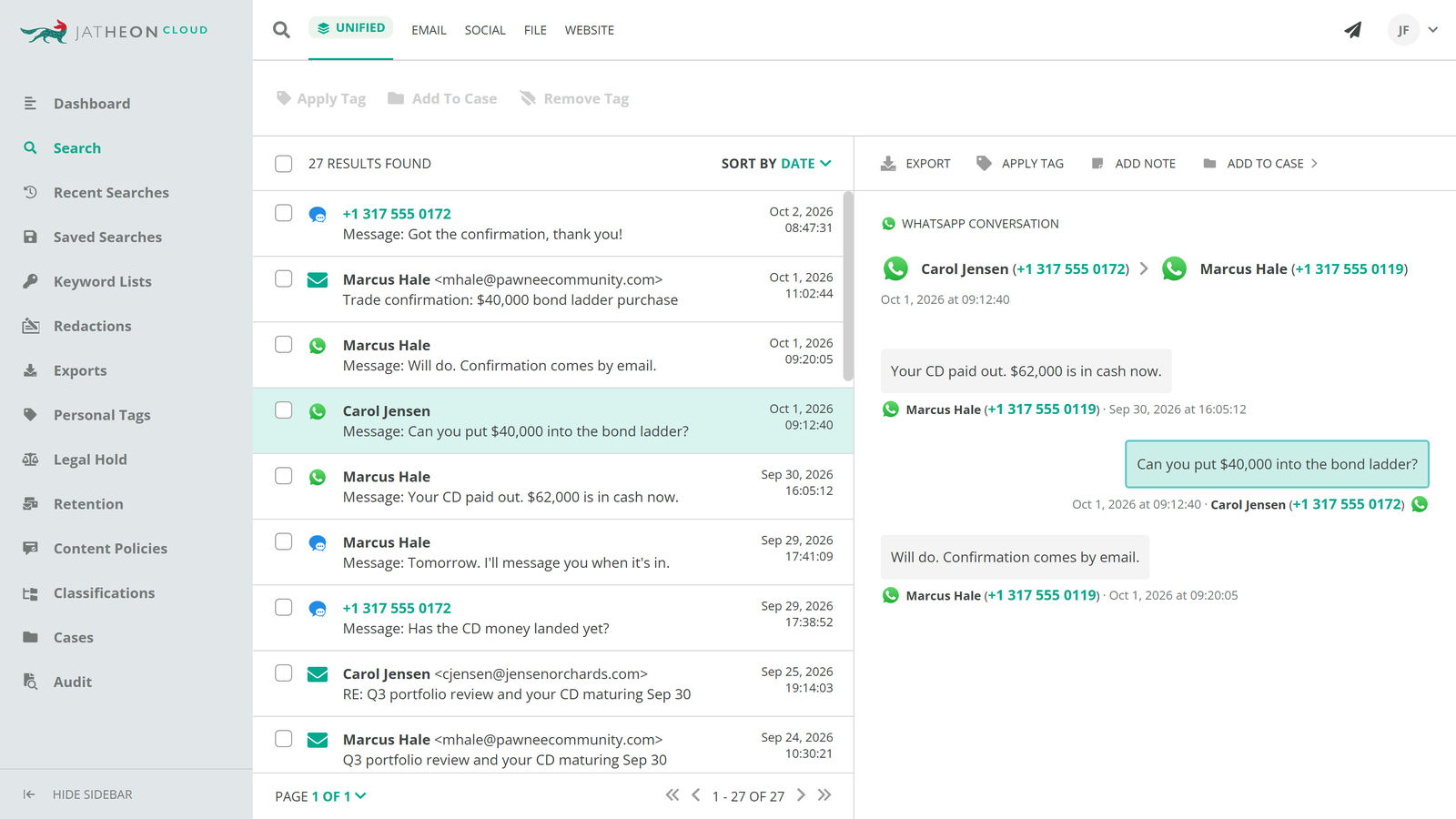 Jatheon Unified Search results combining iMessage, WhatsApp, and email messages from one client.