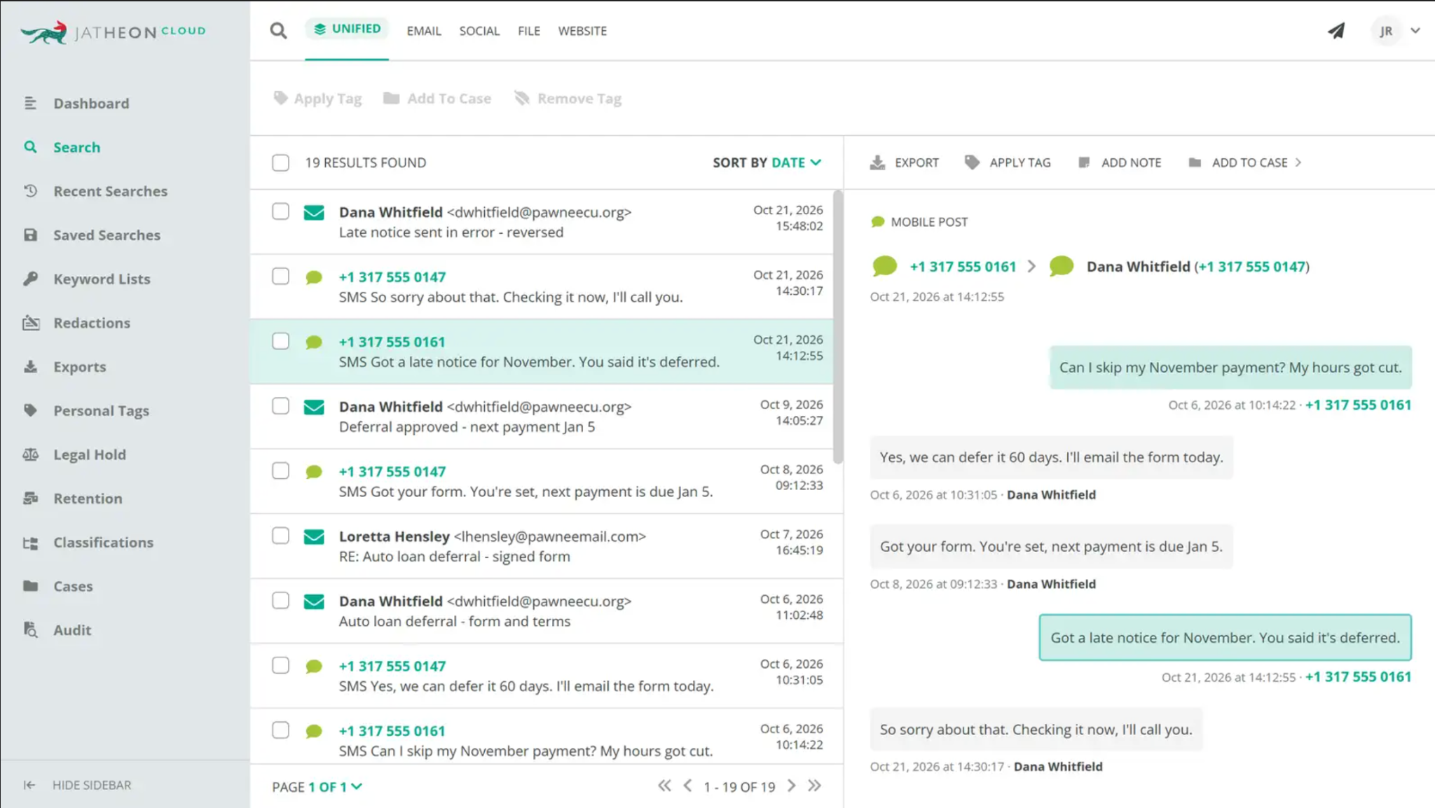 Jatheon Unified Search showing a member’s texts and emails in one result list.